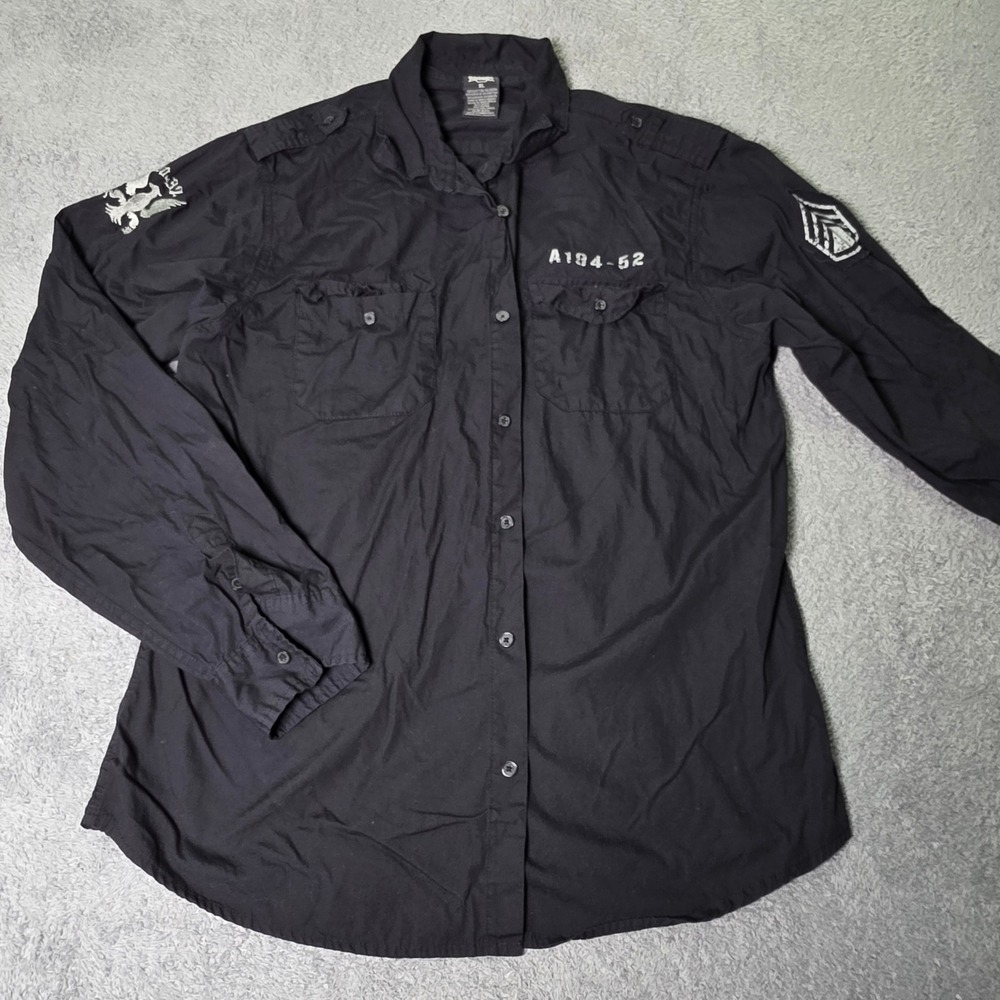 MMA Elite Mens XL Button Up Shirt Black Military Tactical Epaulets Patches